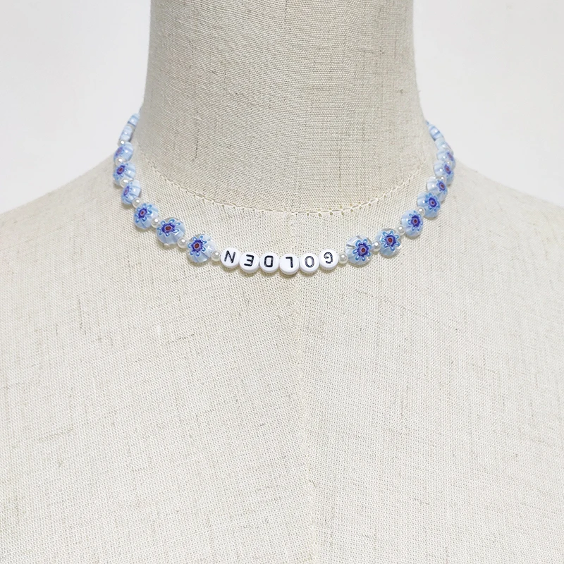 Blue flower beads choker exquisite fashion handmade imitation pearl necklace letter beaded accessories for friends wholesale Blue flower beads choker exquisite fashion handmade imitation pearl necklace letter beaded accessories for friends wholesale
