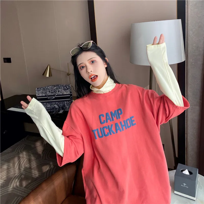 Lychee Harajuku с буквенным принтом женская футболка водолазка Поддельные 2 шт. женские пуловеры Топы повседневные весенние женские футболки