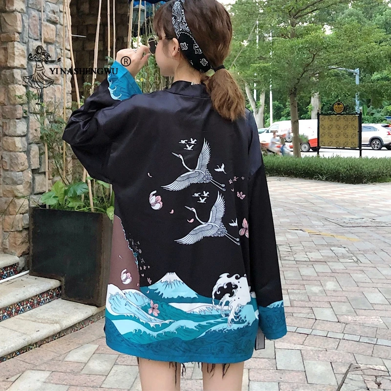 Yukata женский японский кимоно кардиган с принтом кота длинный рукав рубашка повседневные кимоно Femme Kawaii азиатское Кимоно костюмы косплей
