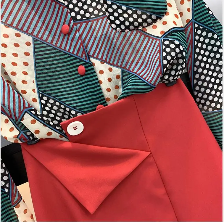 Ретро мода лацканы геометрический цвет Соответствующие с длинными рукавами Свободная шифоновая рубашка и стандартная юбка комплект из двух предметов для женщин