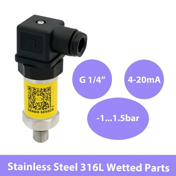 

-100kpa to 150kpa, compound pressure -1 to 1.5 bar, sensor pressure 4 20mA, G1 4 thread, 9V 24V 30V DC, 316L AISI wetted parts