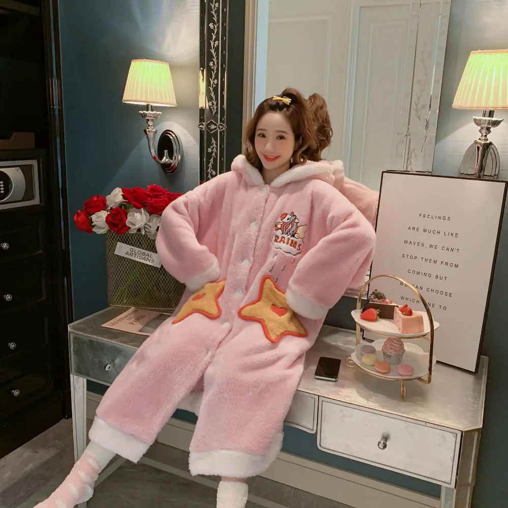 Winter Cute Warm Bathrobes Women Pink Hooded Long Bath Robe Ladies Dressing Soft Gown Kawaii Stars Pockets Robes Female