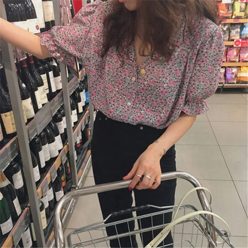 2019 летнее женское модное яркое с коротким рукавом Блузки с цветами шифоновые рубашки с v-образным вырезом короткие винтажные повседневные