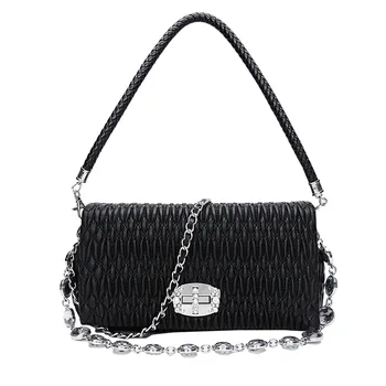 

Luxury Designer Soft Pleated Sheepskin Shoulder Bag Chain Rhinestone Flap Crossbody Bag Handbag for Office Lady&Girls Fashion