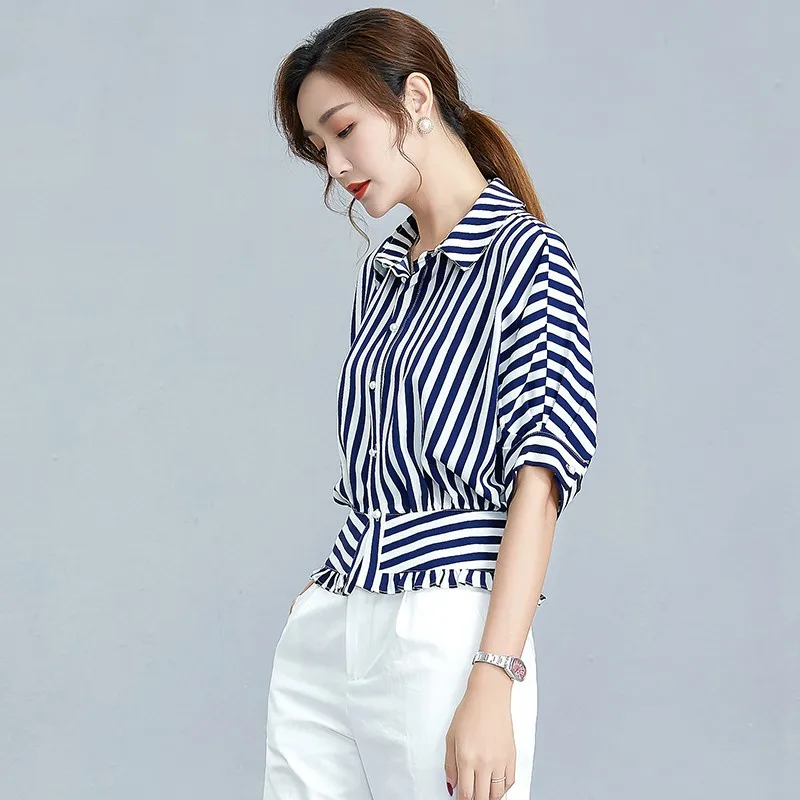 Striped Half-sleeved Turn-down Collar Chiffon