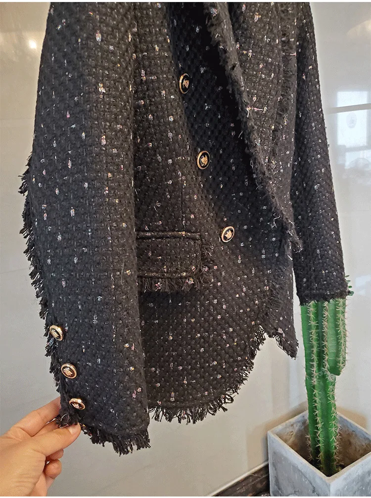 Autumn New High-end Runway Fashion Tweed Fringed Suit Long Coat Jacket Women Winter Double Breasted Casual Jacket Outerwear