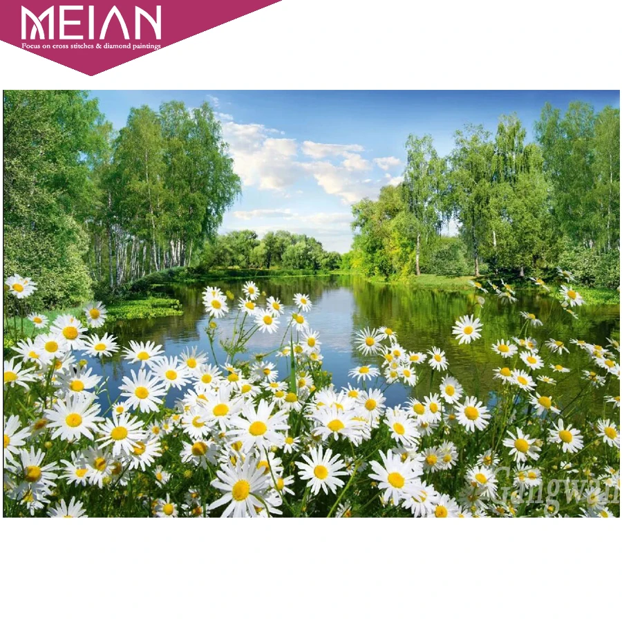 2020 MEIAN lake 5d круглая Алмазная вышивка лесные ромашки пейзаж Diy алмазная живопись