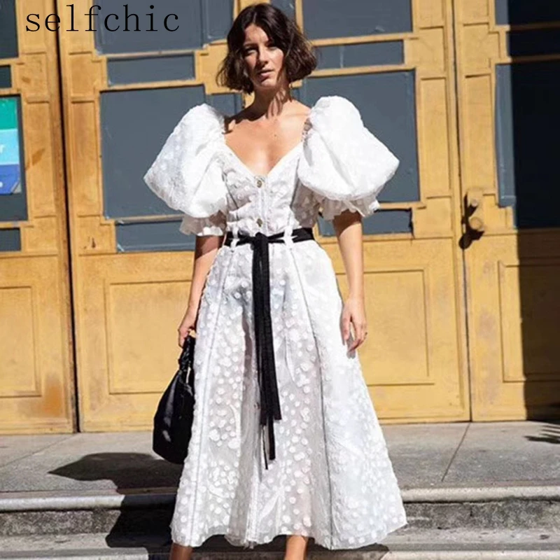 

Puff Sleeve Woman Dress 2020 Runway White Long Dresses Female