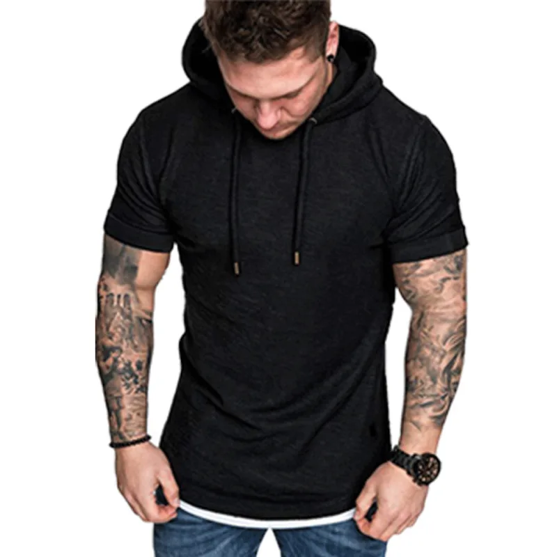Men Stylish Short Sleeve Tee Shirts Casual Hooded Hoodie Summer Shirt Top