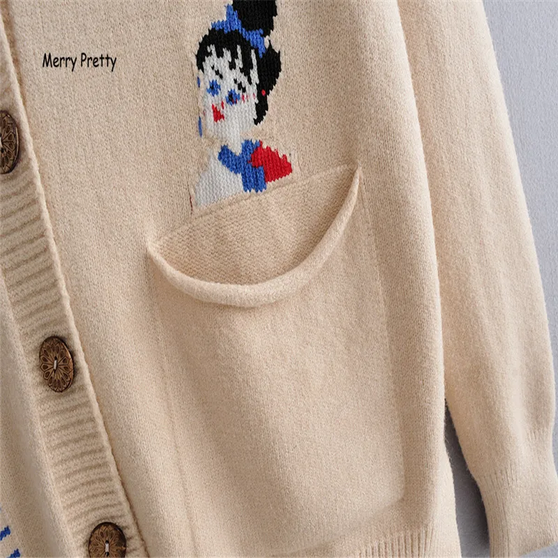 Merry Pretty, женские кардиганы, свитер с v-образным вырезом, милая вязаная одежда, однобортный, с мультяшной вышивкой, вязаный кардиган, верхняя одежда, зимнее пальто