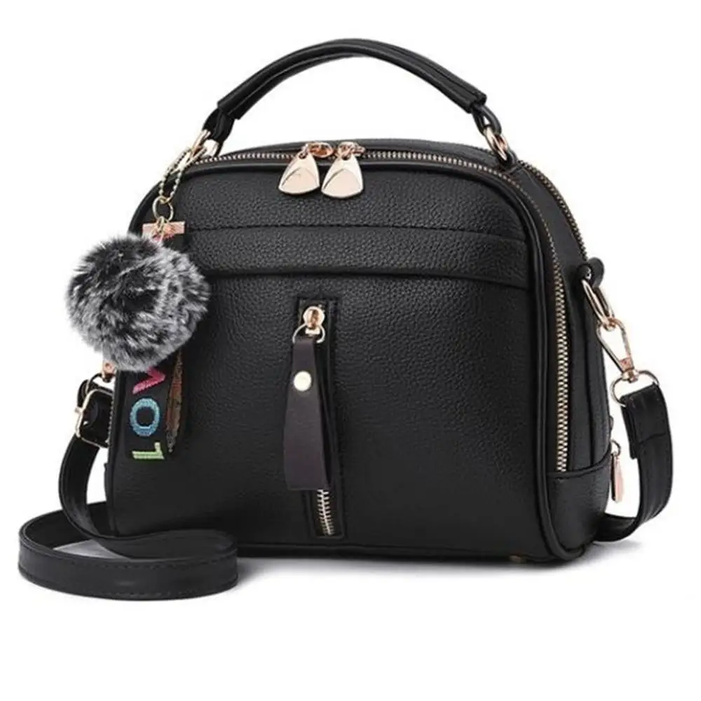 New Elegant Women Shoulder Bag Leather Handbag For Lady Boston Messenger Bags Fur Ball Decorated Female Crossbody Bags
