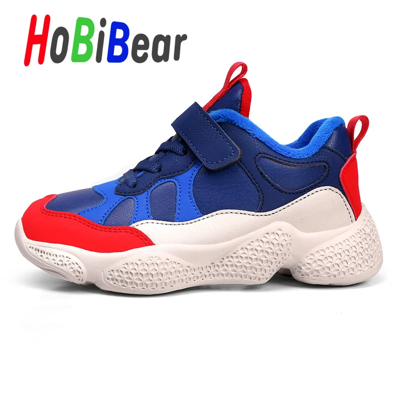 HOBIBEAR/новая молодежная обувь для мальчиков детская обувь из искусственной кожи для мальчиков, зимние школьные кроссовки с мехом для мальчиков Нескользящие Детские кроссовки на плоской подошве