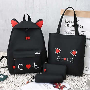 

4 Piece Sets Cute Cat Print Backpack Women Fashion Bagpack High Quality School Bag School Bags For Teenage Girls Mochila Feminin