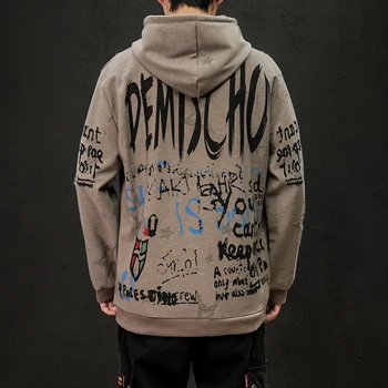 

2019 autumn new Korean men's Japanese retro letter printing large size hooded street Harajuku casual pullover