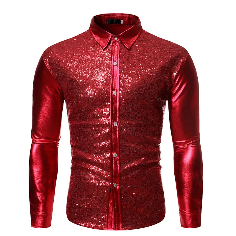 Shiny Gold Sequin Men Shirt Metallic Glitter Mens Party Dance DJ Shirts Stylish Night Club Long Sleeve Shirt Men Camisas Hombre - Цвет: red