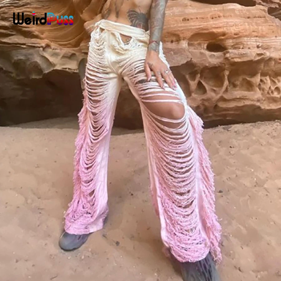 Weird Puss Ripped Side Tassel Straight Pants Women Sexy Gradient Trend Loose Party Hipster Skinny Street High Waist Trousers 1