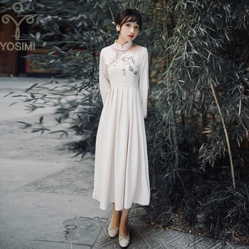 

YOSIMI 2020 Spring Evening Party Dress Chinese Style Floral Embroidery Cheongsam Long Sleeve Fit and Flare Women Dress Elegant