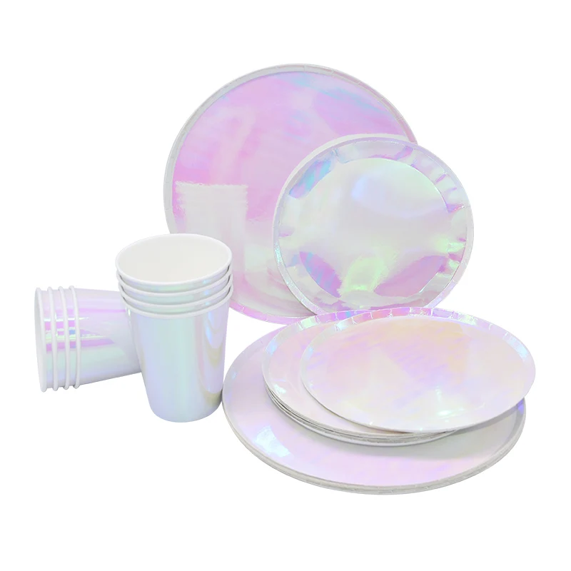 Новая розовая Серебряная Лазерная одноразовая посуда, тарелки, чашки, соломинки для дня рождения, вечеринки, для детского душа, сувениры, декоративные принадлежности