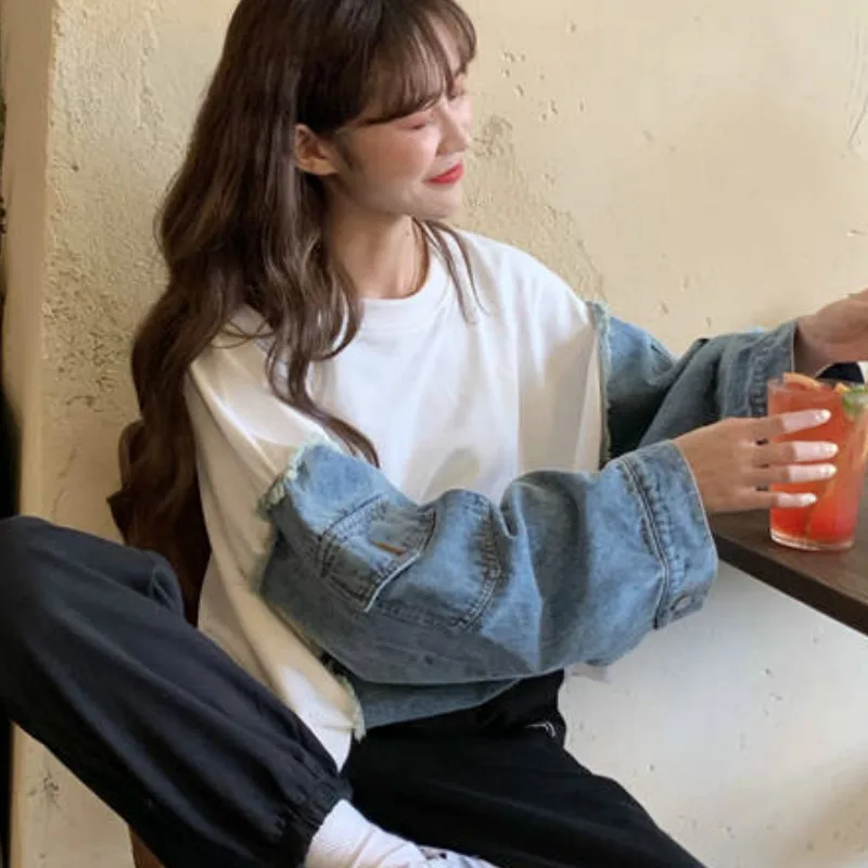 

Шикарная Свободная Повседневная модная женская Повседневная Толстовка с круглым вырезом в стиле пэчворк универсальная модная уличная одежда без шляпы толстовки свитшоты