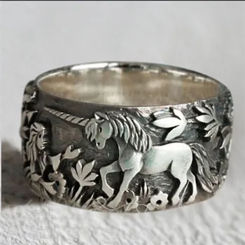 

New Fashion European and American New Unicorn and Little Princess Wide Face Punk Hip-hop Style Personalized Silver Black Ring