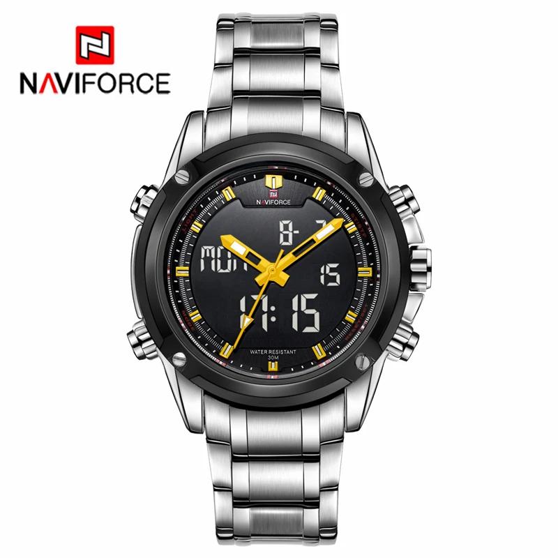 Silver Yellow NAVIFORCE бизнес Топ люксовый бренд мужские водонепроницаемые спортивные военные часы Мужские кварцевые аналоговые цифровые наручные часы Relogio masculino - Цвет: Silver Yellow