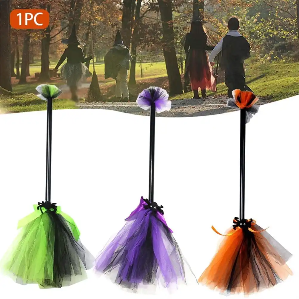Halloween Witch Broom Flying Broomstick with Light Strings Mesh Broom