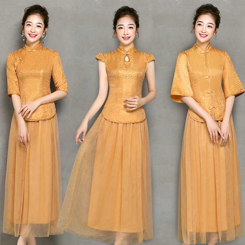 2 шт./компл. Винтаж китайский Стиль Ретро тостов платье брак Cheongsam Qipao вечерние свадебное платье подружки невесты золото платье для выпускного вечера