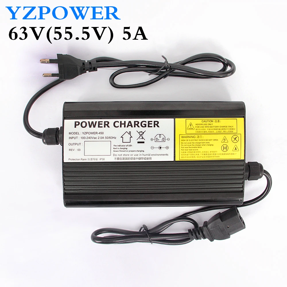 YZPOWER авто-стоп 63V 5A 4.5A 4A литиевая батарея зарядное устройство для 55,5 V литий-ионная Lipo батарея пакет Ebike E-bike умные инструменты