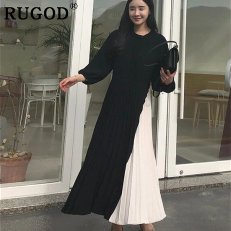 RUGOD модное Плиссированное женское платье, элегантное, круглый вырез, рукав-фонарик, свободное Макси платье es vestidos, Модное Длинное Платье Макси