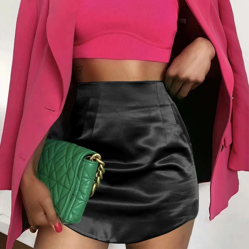 red skirt Slim Chic Elegant Women Mini Skirts Green Satin High Street Solid Side Zipper Sexy Bodycon Skirt Faldas Mujer brown skirt