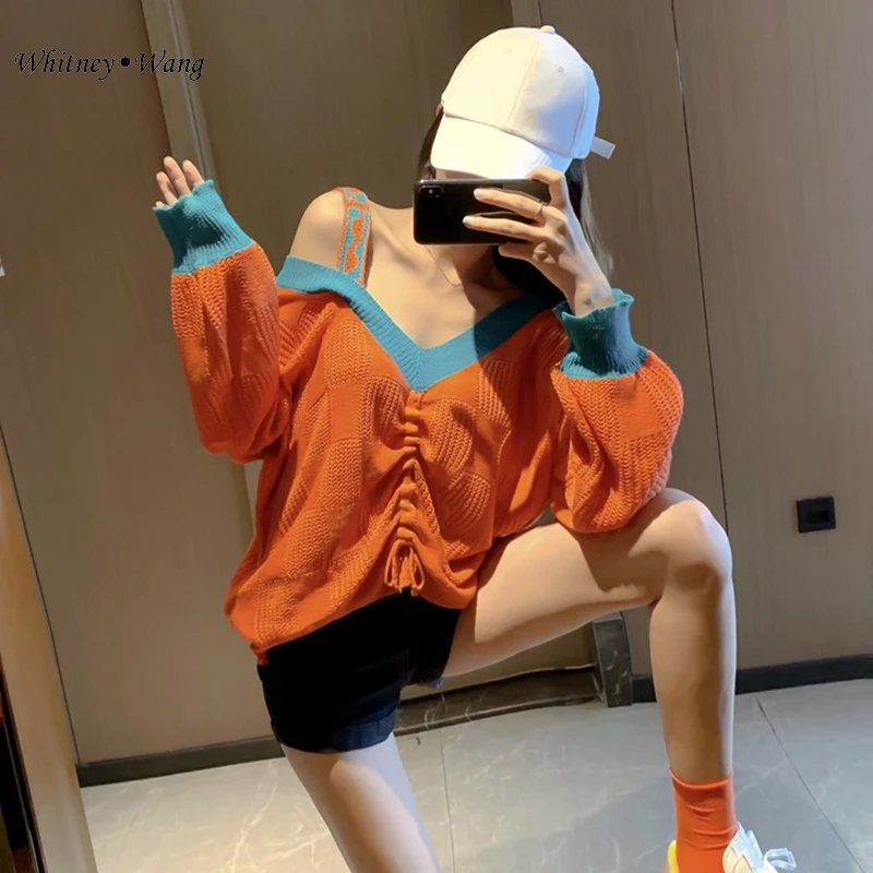 WHITNEY WANG Осенняя мода цвета контраст с плеча шнурок свитер женский джемпер sueter mujer invierno