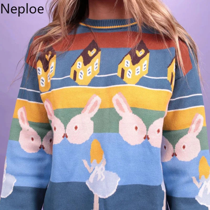 Neploe Алиса мультфильм печати дом Кролик шаблон свитер женский свободный о-образный вырез длинный рукав вязаный свитер модные пуловеры 80285