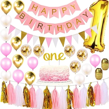 

Baby Girl 1st Happy Birthday Party Decoration Suit Pink Golden Latex Balloon Cake Topper Formal Hat Banner Large Foil Digital 1