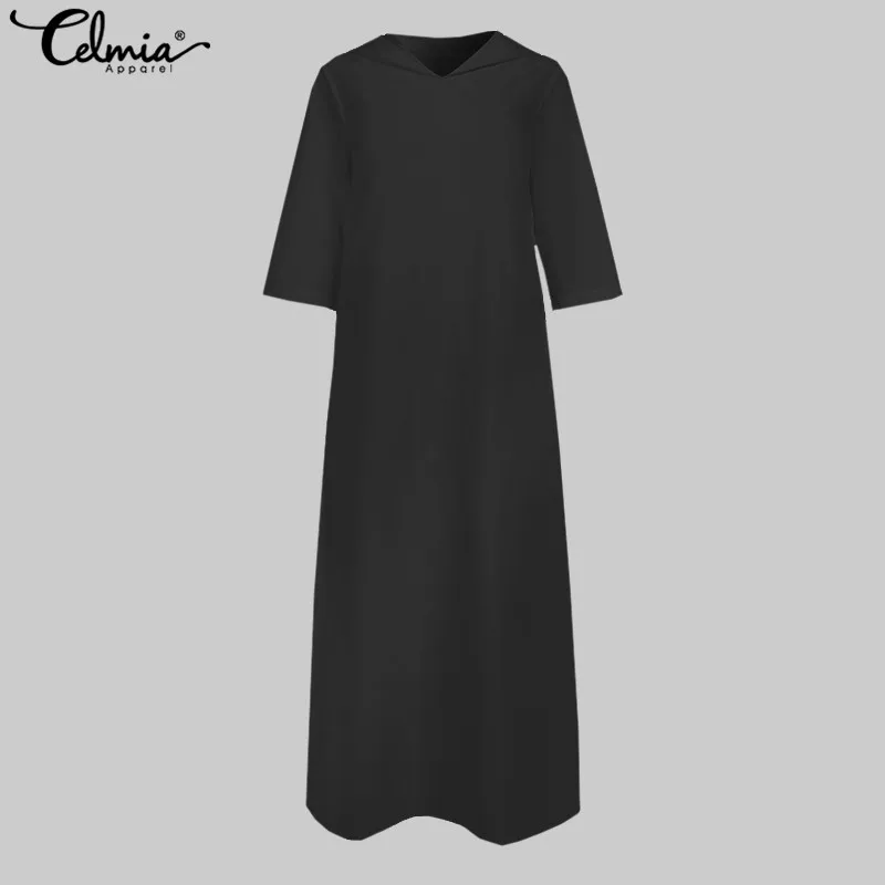 S-5XL cellumia, модное однотонное платье-рубашка с рукавом 3/4, женское платье с капюшоном и карманами, Длинное Макси, вечерние платья размера плюс, женское платье
