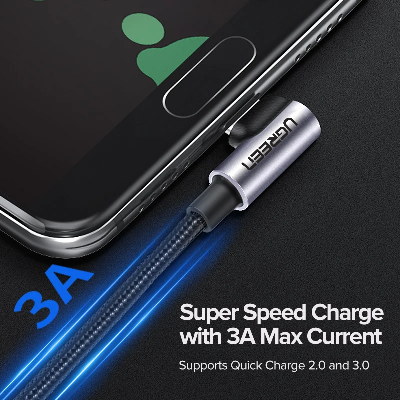 UGREEN Nylon USB C Cable 90 Degree Fast Charger USB Type C Cable for Xiaomi Mi 8 Samsung Galaxy S9 Plus Mobile Phone USB-C Cord