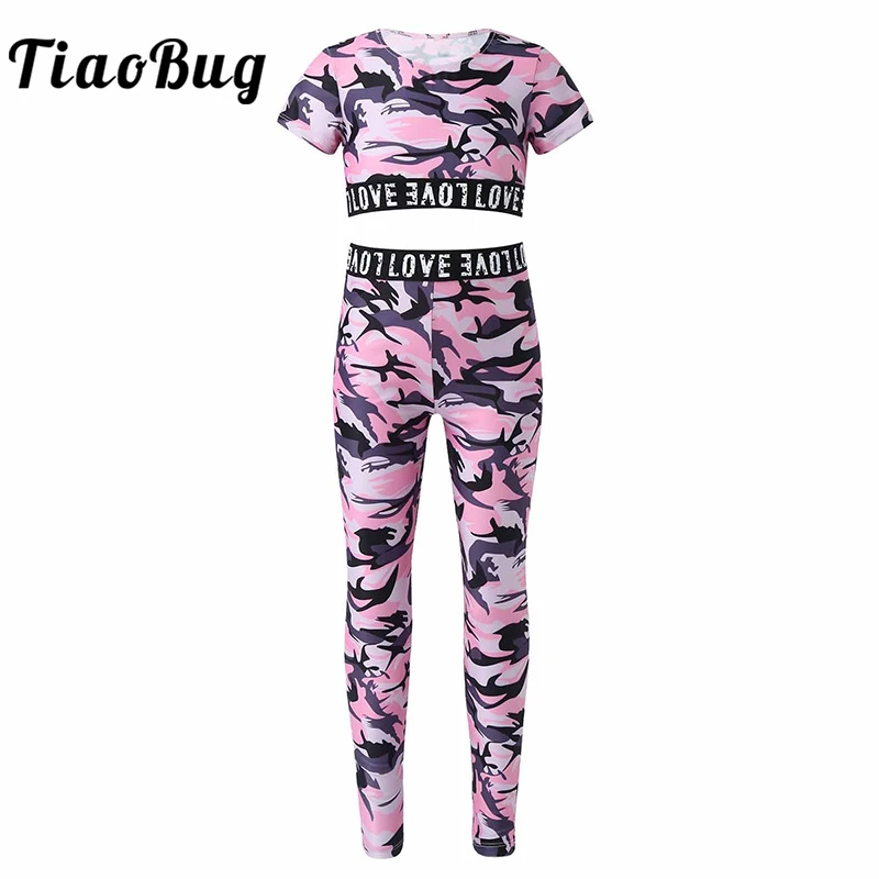 TiaoBug Kids Girls Comouflage 2 Pieces Clothes Set Athletic Shorts Sleeves Crop Tops and Leggings Tights Tracksuit