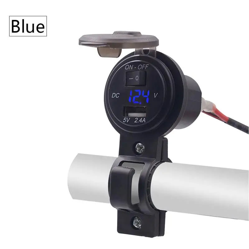 Мотоцикл USB Мощность 5 V/2.4A розетка адаптер AC/DC 12 V-24 V Водонепроницаемый Moto Зарядное устройство штекер вольтметр крепление на руль велосипеда(розетка с выключателем - Цвет: Blue