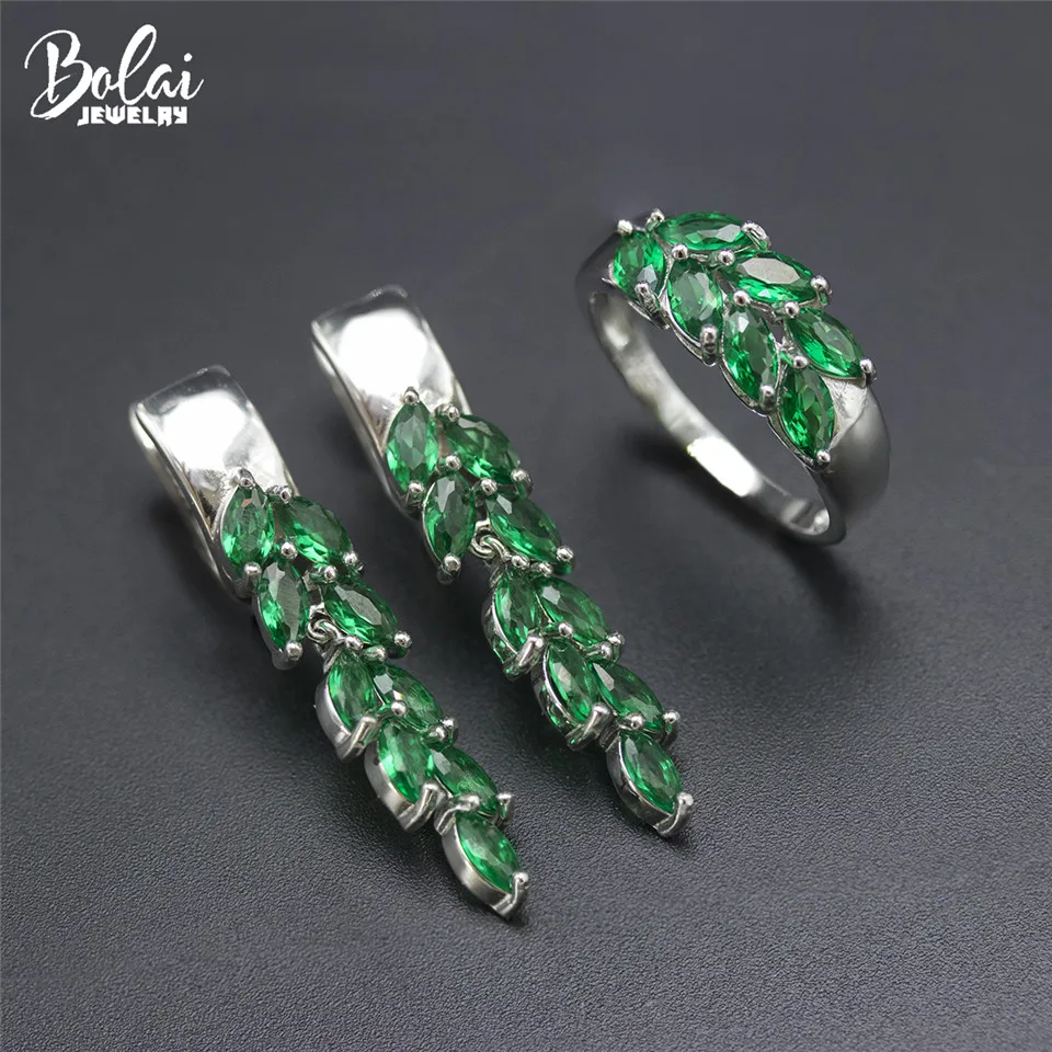 

Bolai Russian Nano Emerald Leaf Jewelry Sets 925 Sterling Silver Created Green Gemstone Dangle Earrings Ring for Women's Gift