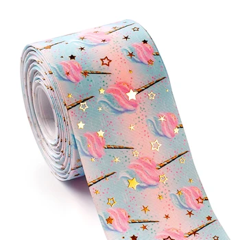 

3" 75mm 10yard gold star foil pttern cartoon gril grosgrain ribbon