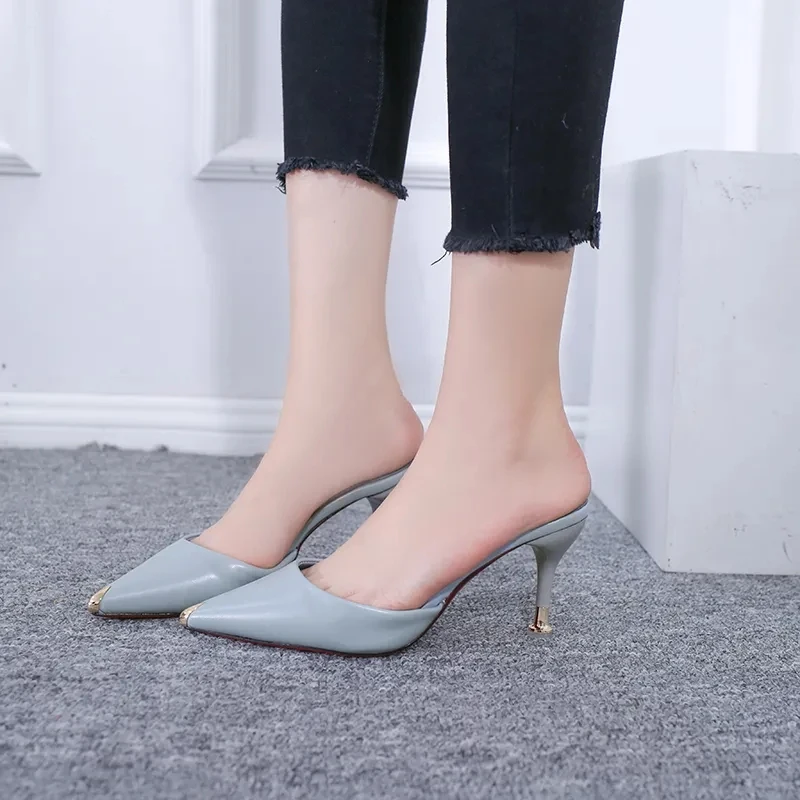 Slippers Women Fashion Stiletto Heels Korean All-Match Pointed Kitten Sexy Red Bottom Shoes Summer Outdoor Casual Sandals | Обувь