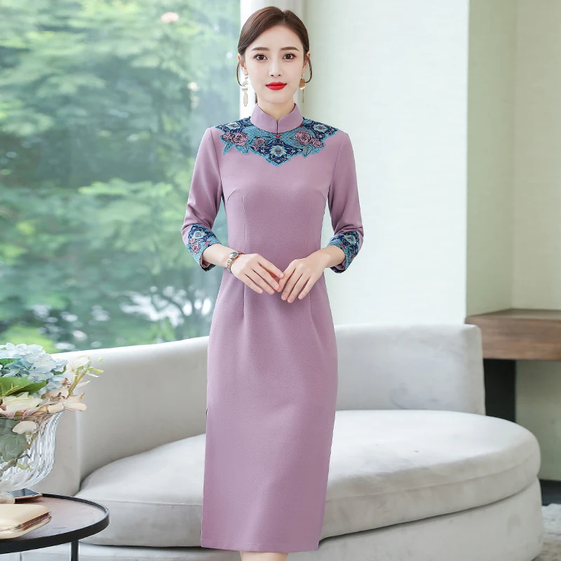 ASYH-8225# Высокий воротник Таро розовые платья матери невесты свадебное платье Cheongsam длинное бархатное и плотное платье