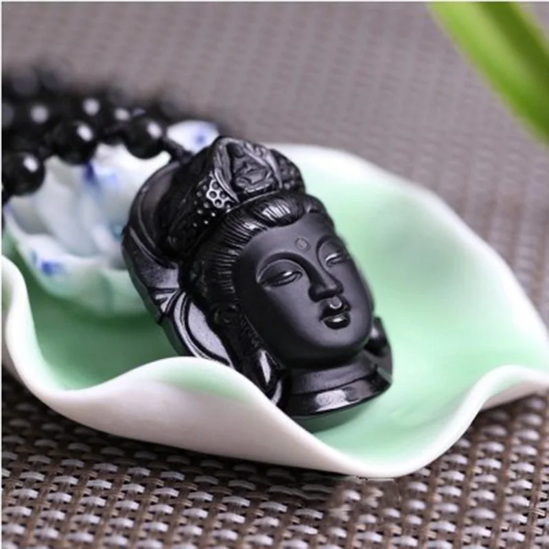 100% обсидиан Avalokitesvara кулон с головой нефрита ювелирные изделия украшения