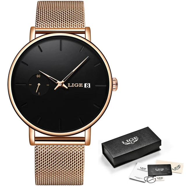 Rose gold black LIGE часы для женщин и мужчин часы лучший бренд класса люкс Известный платье модные часы унисекс Ультра тонкие наручные часы Relojes Para Hombre - Цвет: Rose gold black