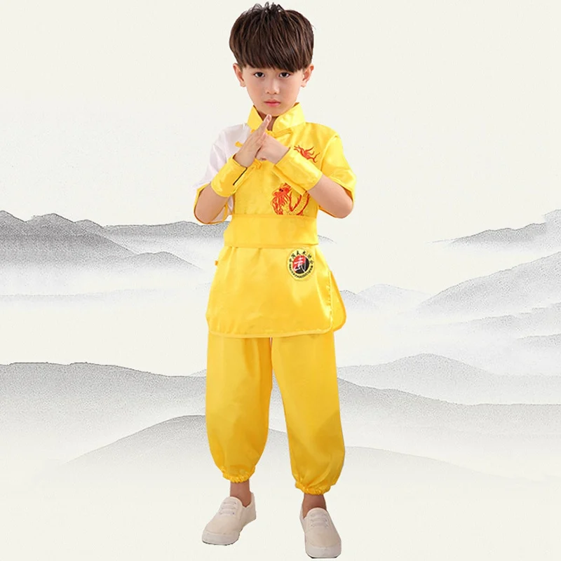 Yellow Short Set Новая детская одежда кунг-фу ушу Китайская традиционная одежда с вышитым драконом форма для кунгфу костюм для тайчи Детский костюм Тан - Цвет: Yellow Short Set