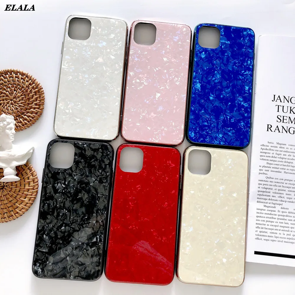 

Plating Tempered Glass Phone Case for iPhone 11 Pro Max XS XR X 6 7 8 Plus SE 2020 Hard Shell Conch Pattern Cover Marble Coque