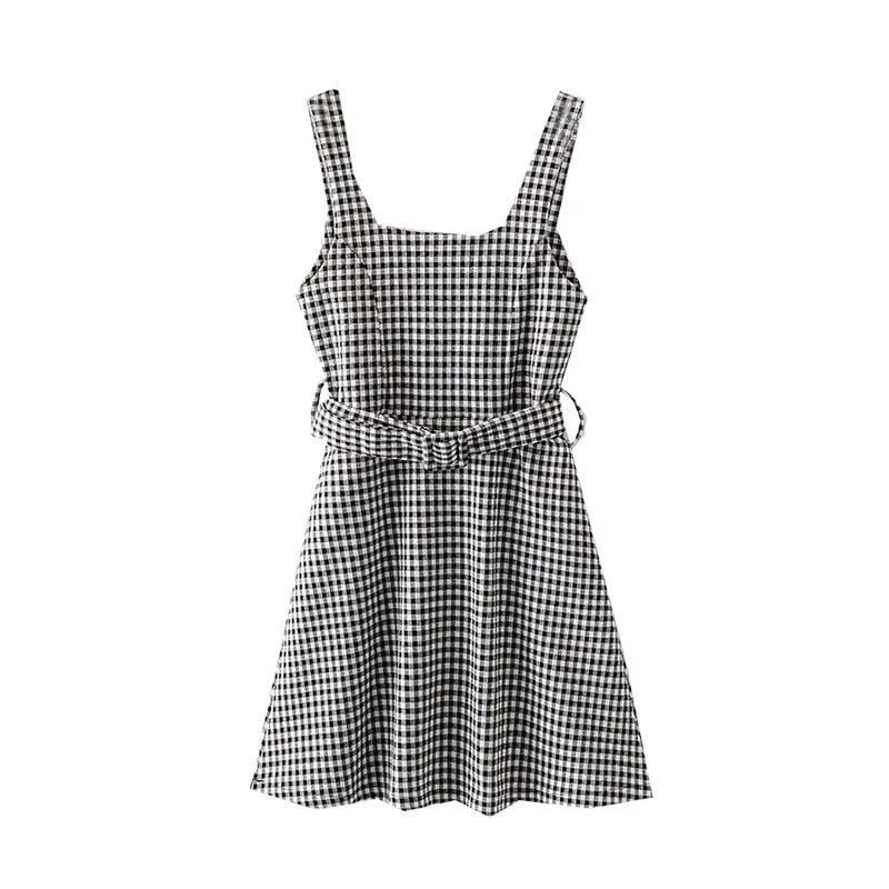 

2020 Spring New Products Western Style Fashion Slimming Thousands of Birds Sleeveless Strapped Dress with Belt Short Skirt Women