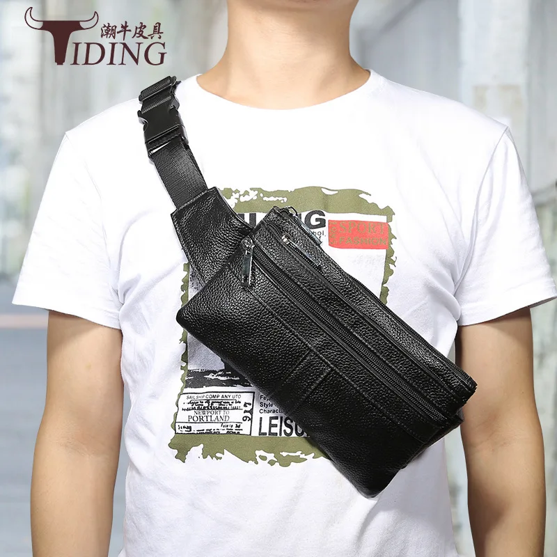 

Summer New Style Men Genuine Leather Sports Waist Pack Casual Outdoor Running Mobile Phone Bag Litchi Grain Leather Multi-functi