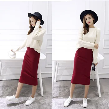 

Women Casual Split Skirt Calf-Length Ladies Cotton Solid Stretch Slim Long Skirts