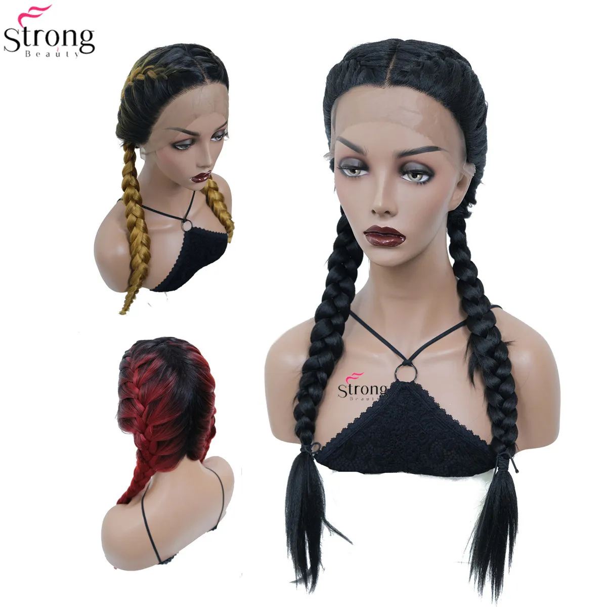 StrongBeauty Длинные Двойные косы парик черный/красный корни Омбре блонд