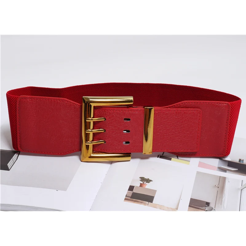 red belt Модные с эластичным ремешком размера плюс широкие тянущиеся ремни для женщин Золотая пряжка кожа cinturon mujer большой пояс корсет платье пояс - Цвет: red belt